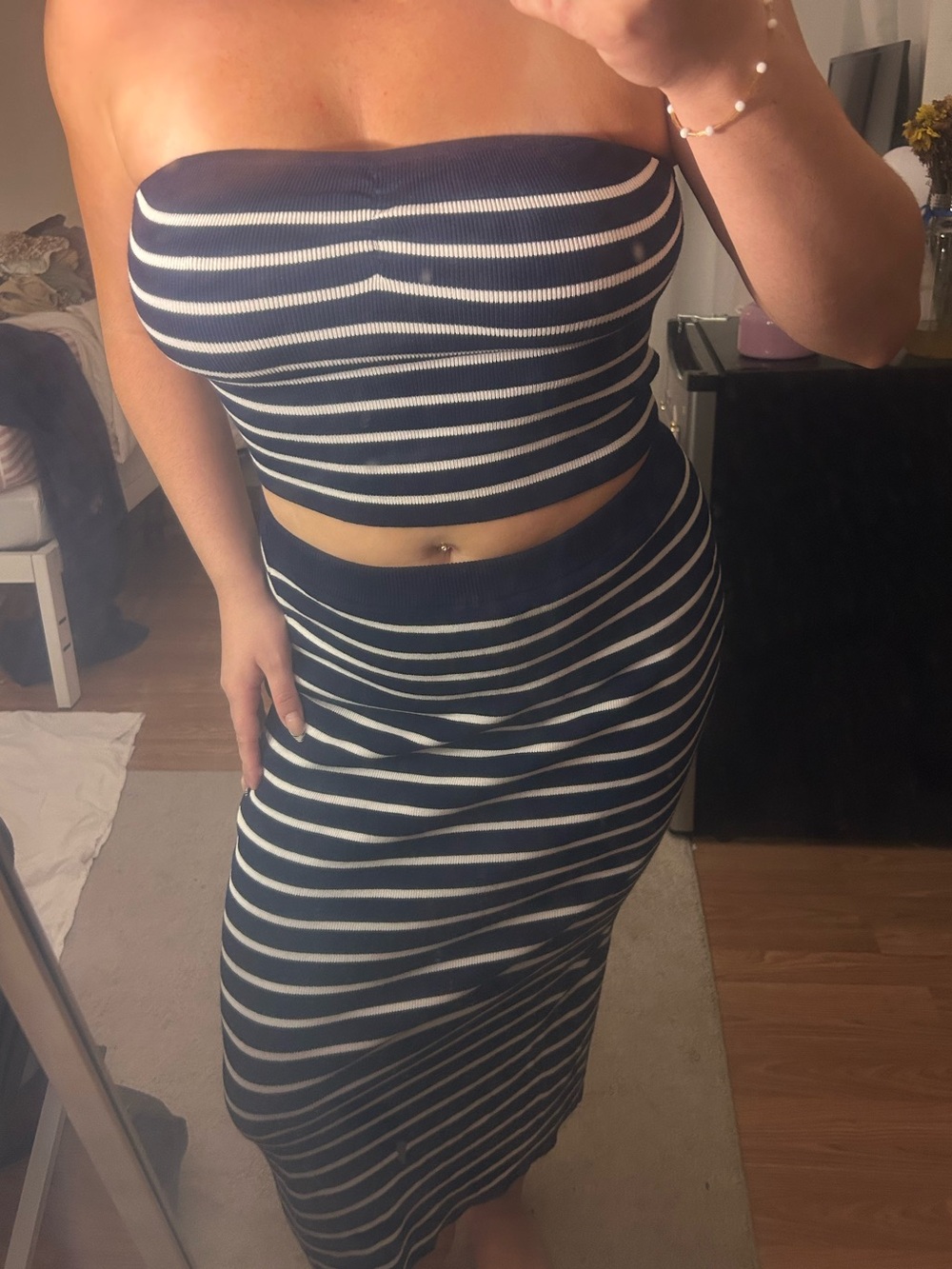 Navy & White Striped Ribbed Maxi Skirt Set